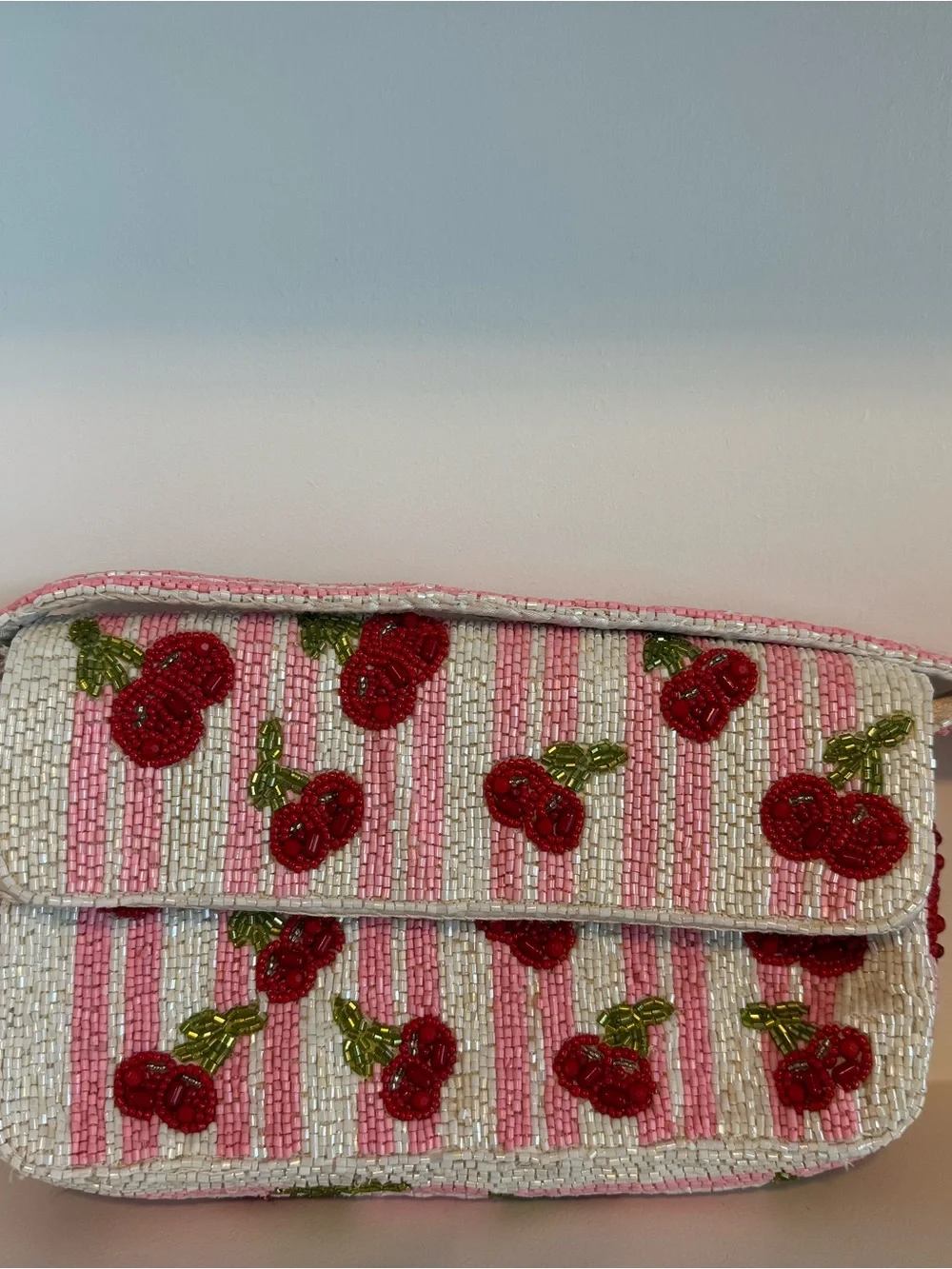 Viral Beaded Cherry Stripe Shoulder Bag in Pink and White - Picture 4 of 7